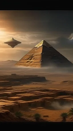 A UFO triangle spacecraft hovering over the Permit of Egypt in high definition cinematic theme with stormy fiery sky by volcanic eruptions