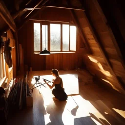 Beautiful female artist painting a self portrait in her attic studio, dramatic light, shadows