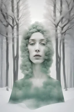 tufting tapestry anachronistic double exposure, surreal portrait and snowy landscape mix, snow and trees, sculptural solidity, minimalism, light-silver emulsion, muted green and soft white, photography