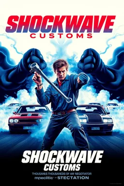 "Design a 90s-style romantic movie poster titled 'Shockwave Customs' with a blue theme and blue flames. Feature a super heroic mechanic in the foreground, fiercely battling thousands of adversaries with a spanner. In the background, show cars doing burnouts, creating a dynamic and intense scene. Capture the high-energy, gritty aesthetic of classic 90s romantic films. Prominently display the subtitle 'mmechanic negotiator' in bold, CRAZY impactful lettering."