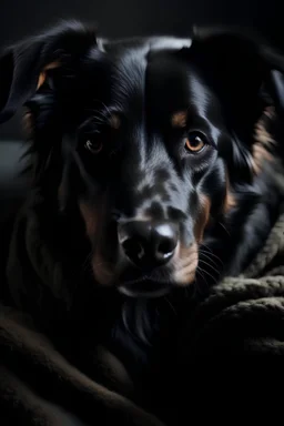 A dog covered with a black blanket