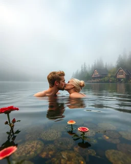 Portrait Romantic European blond couple swimming kissing together in lake Wonderful landscape fantasy early morning heavy fog photography art Rivendell village,lake,magical forest and houses,beautiful mushrooms,roses flowers,little waterfall,lake,close up photo beautiful romance couples on swimming together in lake