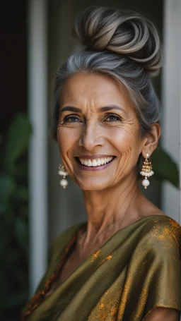 Portrait of a 60 year old Olive skinned woman with greying hair tied up in a bun, smiling