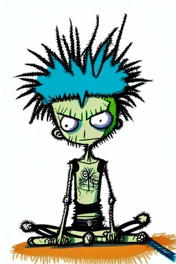 2d drawing of a stickman, cool with punk hair, x eyes like in hangman, sitting in yoga position, 3d realistic in colour