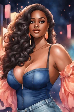 create an watercolor illustration of a curvy black female wearing Tight blue jeans and a peach off the shoulder blouse. Prominent make up with long lashes and hazel eyes. She is wearing brown feather earrings. Highly detailed long black shiny wavy hair that's flowing to the side. Background of a night club.