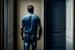 man in jeans and a shirt, back to the camera, standing in a row of doors, looking out through a doorway