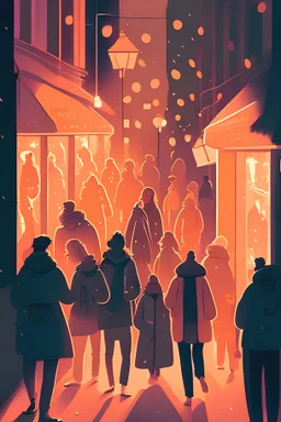 Illustration of people in the street at the festival of light in a lofi aesthetic style and ambient lighting