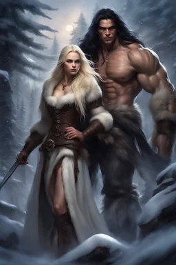 Giant muscular male mountain man with long dark hair with a petit female long blonde hair, dark fantasy, snowy forest