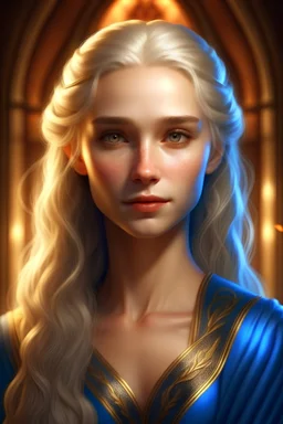 Maegelle Targaryen, around 16 years old, possesses an ethereal grace befitting her royal lineage. Her slender frame exudes regal poise, reflecting the weight of her responsibilities in Westerosi politics. With cascading golden locks framing delicate features, her Targaryen heritage is unmistakable. Her sapphire-blue eyes hold wisdom beyond her years, commanding attention with their piercing gaze. Blessed with porcelain skin and high cheekbones, Maegelle's countenance remains composed, veiling h