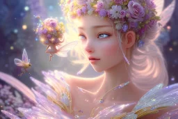 one very little beautiful fairy above one big crystal subtle flower in a galactic ambiance, transparent petals, delicate colors, in the foreground, full of details, smooth, bright sunshine，soft light atmosphere, light effect，vaporwave colorful, concept art, smooth, extremely sharp detail, finely tuned detail, ultra high definition, 8 k, unreal engine 5, ultra sharp focus