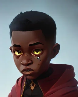 Portrait of a gorgeous black skinned toddler warlock boy with dark hair by Jim Kay