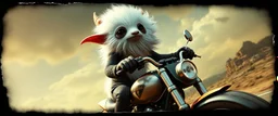 3d airbrush render, white fluffy gnome native panda elf alien dodo on insane motorbike , pinhole cam, airbrush 3d rendering, in the style of Titian and Dali , torn edges on border