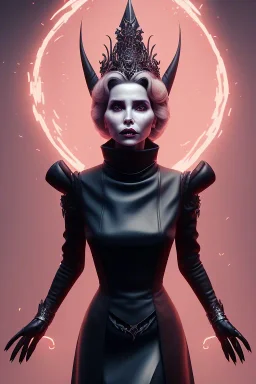 Constance Langdon as evil queen in black leather, leather, busty, cleavage, angry, stern look. character design by cory loftis, fenghua zhong, ryohei hase, ismail inceoglu and ruan jia. unreal engine 5, artistic lighting, highly detailed, photorealistic, fantasy