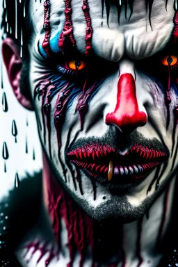 ultra detailed and highly realistic image of a gothic, scary clown, close up of him standing in the rain, the rain messed up his face makeup as it smudged of his face, chaotic, dramatic upclose view, 32k, splatter paint style