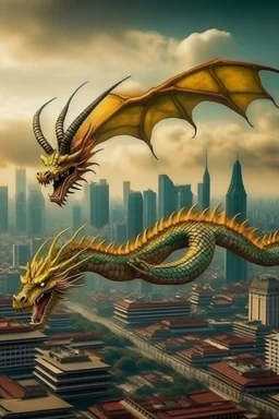 big chinnese dragon flying over city