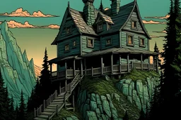 horror two-story house on a mountain color in mountain that didn’t look natural animated