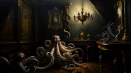 An oil painting in the baroque tradition of tentacles appearing in a darkened room, with dramatic lighting casting shadows that enhance their form, against a backdrop of antique furniture.