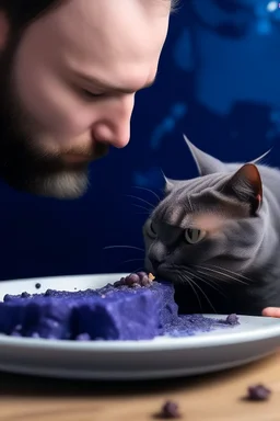 blueberry galaxy cat food and a man eating it and crying