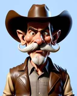 hyper-realistic 3D caricature of an old weathered cowboy with highly exaggerated features. Deeply wrinkled skin, oversized ears, and a long, bulbous nose. Large, expressive wide eyes with intense detail. A thick, wispy white handlebar mustache and long goatee. Wearing a dusty tan wide-brimmed cowboy hat, a brown checkered shirt, and a worn leather vest. Soft studio lighting, neutral beige background, cinematic render, 8k resolution, intricate textures, Pixar-meets-Norman-Rockwell style. Modifier
