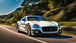 A sleek white shiny (((Bentley Porsche))), its contours and details perfectly captured in a (((cinematic view))), zipping along a winding road under a beautiful blue black night sky