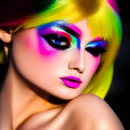 masterpiece, best quality, woman, sparkling eyes, fluorescent skin, colorful makeup, blond flutter hair, highly detailed body, sun light, 4K, RAW, depth of field, high contrast, realistic details, 24mm