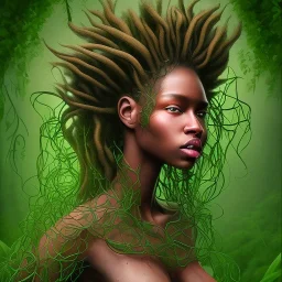 Watercolour Painting. the face of A young black woman. A wood nymph emerging from the forest. Her hair looks like vines. Dreadlocs. Her skin is the colour of dark soil. Her skin looks like tree bark. Her clothing is made of vines, grass and leaves.