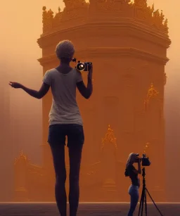 Statue of Queen of photography holding camera in hands. Cute blonde woman. Photographer in golden crown. Standing on the street. Big camera in her hand. hyperdetailed, photorealistic, trending on artstation, greg rutkowski, beksinski, kodachrome, volumetric lighting, gold and orange