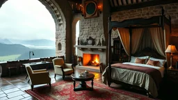 Large, beautiful, luxurious and cozy bedroom in an old Medieval stone Castle, on top of a high mountain; warm and cozy atmosphere, majestic fireplace lit in front of the large and luxurious four-poster bed, luxury sheets and duvets, furniture with luxurious and delicate decoration, a small area with a tea table in the middle of two beautiful luxury armchairs, beautiful shelves with books and a small desk. The outside atmosphere is evoked to medieval times, wonderful view of the landscape, rainy