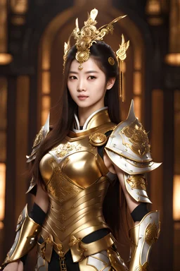 Half body Photography,very beautiful Chinese Girl,full body,looking front view,brown long hair, mechanical,delicate gold,silver metalic parts, golden parts, intricate armor, detailed part,Movie Still