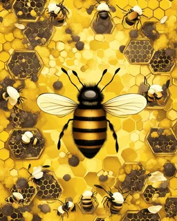 hive bee and honeycomb on the yellow background, abstract illustration