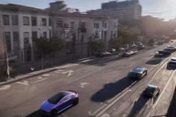 A Tesla 'Model S' is racing at top speed, on the streets of San Francisco. (CINEMATIC, WIDE ANGLE LENS, PHOTO REAL)