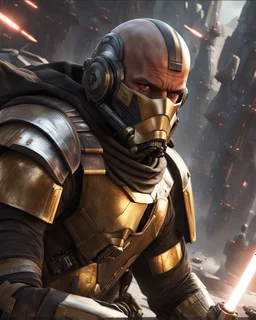 star wars bald male corellian pilot wearing pearlescent black and gunmetal grey First Order special forces heavy assault stealth commando armor and helmet with gold trim inside the jedi temple, hyperdetailed, dynamic lighting, hyperdetailed background, 8k resolution, volumetric lighting, light skin, fully symmetric details