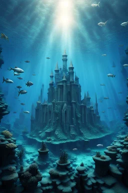 an ancient castle from atlantis in the middle of the ocean surrounded by fish, digital fantasy art, in deep sea water, it is an stunning etheral old place, an ecological gothic scene, underwater photograph, reconstruction, stunning ruins, flooded monuments, high detalies, sharp focus, realistic