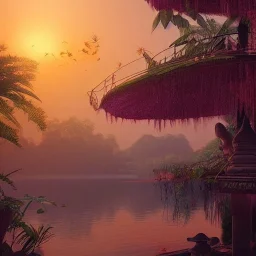 highly detailed indian lake with temple, indian woman in sari and lotus landscape with jungle, sunset, illustration, cinematic lighting, 4k, 8k, octane render, digital concept art, trending on artstation, pinterest, extremely detailed, ambient lighting.