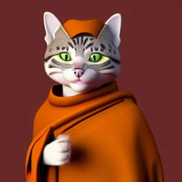 Un chat, habillé en moine bouddhiste, anthropomorphique, très détaillé, représentation 3d, un maximum de détail