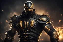 Scorpion Mortal kombat in a mega cool Black iron super suit with on his arms and shoulders, hdr, (intricate details, hyperdetailed:1.16), piercing look, cinematic, intense, cinematic composition, cinematic lighting, color grading, focused, (dark background:1.1)