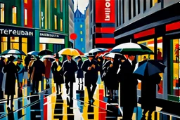 hustle and bustle in rain in Berlin 1925; impasto painting in Bauhaus style, cinematic, dramatic, dynamic, ((great verticals)), ((great parallels)), amazing reflections, excellent shadows, perfect translucency, sharp shadows, (wild contrasts), (vivid bold colors)