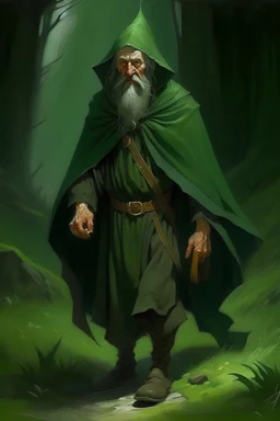 1970's dark fantasy cover dnd style oil painting of an old herbalist hobo like hero using a dark green cloack with sport outfits with minimalist far perspective. Magazine.