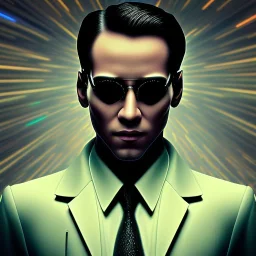 A beautiful portrait of man neo in the matrix, high key lighting, volumetric light high details psychedelic background, stars, numbers