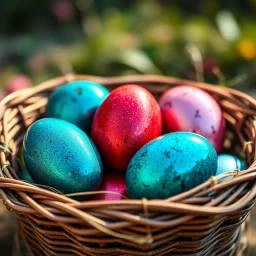 digital photograph of off-center modern basket colorful Easter eggs. eggs display intricate textures in azure, emerald, blush,red, crimson, sapphire,metallic cinematic HDR backlighting highlights subtle dimples and glossy reflections, with shallow depth of field softening the sunlit background. hyperrealistic 8k resolution,