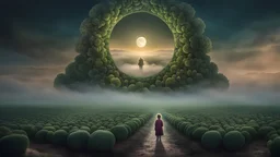 A symmetrical moon that looks like a happy origin head fractal broccoli above a landscape, a kid in a ragged dress looks up in the distance, fog, and intricate background HDR, 8k, epic colors, fantasy surrealism, in the style of gothic, masterpiece