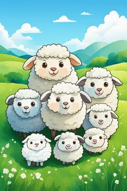 create an image with 6 cute sheep with the typography, happy face "ovelhinhas da fé", 2d, cartoon style, chibbi, kawai, a green field and blue sky in the background, perfect face, water color