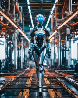 potrait photography cinematography colors a beautiful woman as humanoid robot walking in between two rows of complex machinery with vibrant colors