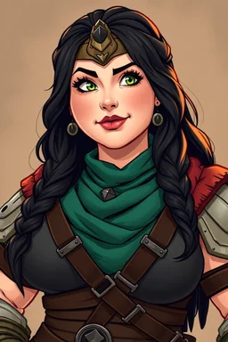 In a realistic, non-anime, vintage cartoon style: Bust shot of 35-year old, chubby Scandinavian dark-haired lady with green eyes and very thick lips who is dressed as Warrior Princess