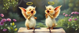 two totally symmetric fluffy angel gremlin slug nice cheerleader singing on bridge in garden , full body portrait T-pose strong aura, oil painting and air brush