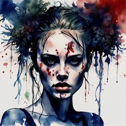 singer Danish MØ face, watercolor illustration by <Jackson Pollock>, darkblue tones, intricate detail , background liquid, blood, hair guts,soft smooth lighting, soft pastel colors, Abstract Yoji Shinkawa, red tones,nice cyberpunk, dark tones, high lightingDryad, fae, sidhe, ominous, nature, plants, wildflower, facepaint, dnd character portrait, intricate, oil on canvas