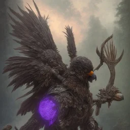 angry Raven warrior in black and purple battle armor, a highly detailed illustration, background of Inka jungle, realistic render, 8 k, micro detail, intricate, elegant, centered, digital painting, Artstation, smooth, sharp focus, illustration, artgerm, tomasz alen kopera, peter mohrbacher, donato giancola, joseph christian leyendecker, wlop, boris vallejo