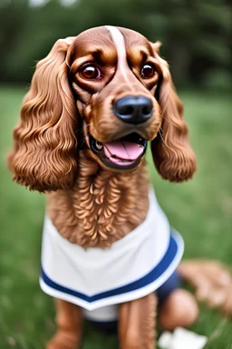 Smiling 10 year old boy in a striped shirt and glasses, very normal and plain looking, with him he has a superhero cocker spaniel dog wearing a cape