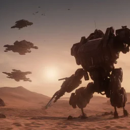 Armored Core machine robot fights another Armored Core fly in the sky in the desert with the ocean where you can see the space in the sky with the twilight on the horizon, 4k resolution