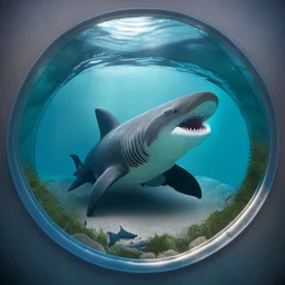 A cute little Basking Shark in a small circular fish tank.